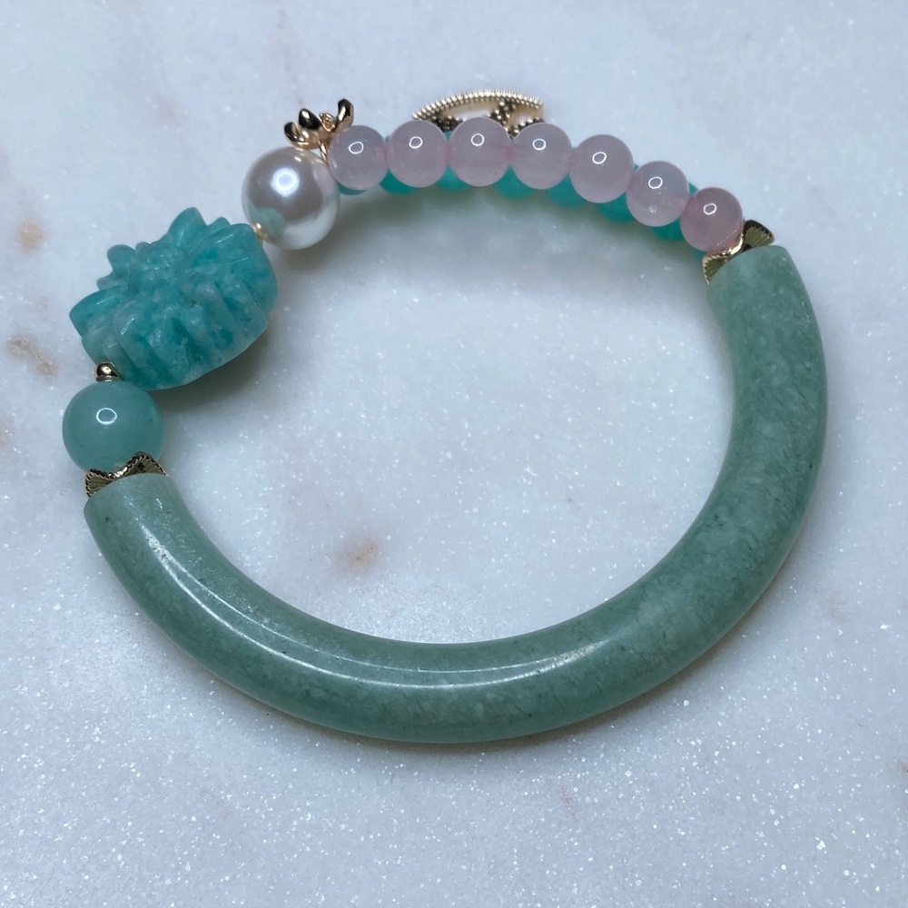 Amazonite Half Bangle Bracelet • Hand-Carved Amazonite Flower & Rose Quartz Duo - Picture 7 of 8